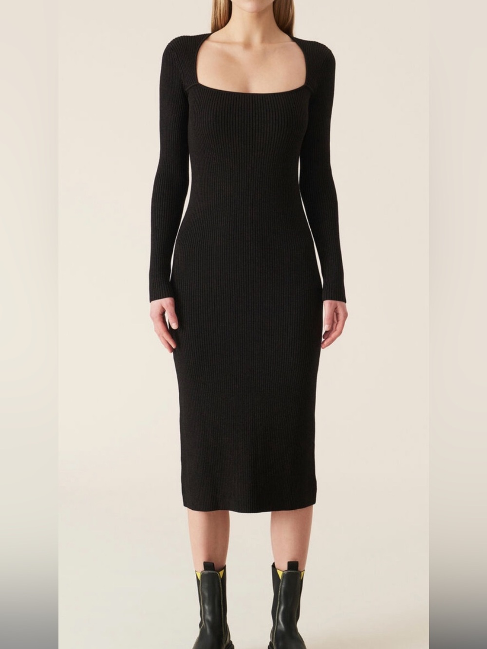 NWT Ganni Ribbed Long-Sleeve Midi Dress - Classic Knit brown L